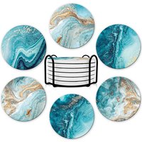 6Pcs Beverage Coaster Set with Bracket, Marble Style, Ceramic Beverage Coaster for Desktop Protection
