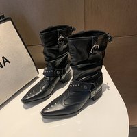 Black Pleated Western Cowboy Short Boots for Women, Large Size, New Spring and Autumn Style, Chunky Heel, Studded, Slouchy Boots, British Style Fashion Boots
