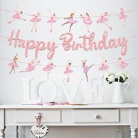 Pink Ballet Girl Happy Birthday Banner - Glitter Sign with Dancing Ballerina Silhouettes - Kids Girls Party Wall Decor