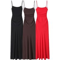 Draped Midi Dress for Women, Straight Neck, Thin Straps, Backless Female Dresses, Chic Fashion