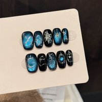 10pcs Blue Gradient Handmade Press On Nails French Glossy Cat's Eye False Nails Wearable Square Punk Metal Artificial Nails Art