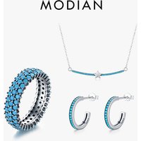 MODIAN Vintage Genuine 925 Sterling Silver Bohemian Style Turquoise Rings Necklaces Pendant Jewelry Sets For Women Fine Jewelry