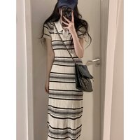 Korean Striped Neck Knitted Dress Women's Slim Fit Short Sleeve Long Dress Elegant Style Summer New Arrival