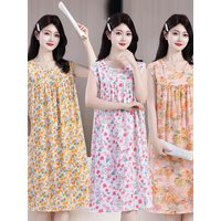 New Summer Sleeveless Cotton Silk Sleep Dress Mom's Mid-Length Artificial Cotton Dress round Neck Loose Home Clothes Skirt
