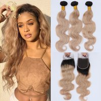 Dark Roots with Honey Blonde Ombre 1B/27 Human Hair Bundles with 13X4 4X4Closure HD Lace Ash Blonde 3 Bundle
