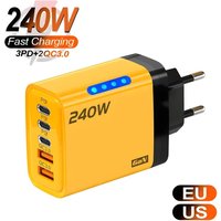Multi-Port 240W GaN USB C Fast Charger with LED Light 5 Ports for iPhone 17 16 15 Samsung Huawei Xiaomi Tablet Charging Adapter