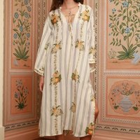 Women Striped Print Linen Blend long Dress Loose Fit fashion midi Dress