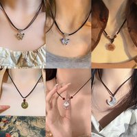 【P】Chinese Style Retro Braided Rope Necklace Butterfly Flower Moon Safety Lock Pendant Necklace For Women Vintage Jewelry