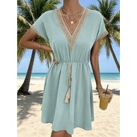 Summer Solid Short Sleeve Lace V Neck Waistband Cinched Dress Female Beach Short Dress Elegant Women's Sweet Solid Color Dresses