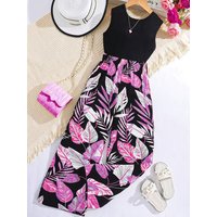 Girls Tropical Jumpsuit – Black Sleeveless Top with Pink Leaf Print Wide Leg Pants Romper for Summer