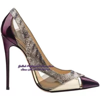 ALMUDENA Purple Burgundy Patent Leather 12cm Heel Transparent Clear PVC Patchwork Snakeskin Party Shoes Hollow Shallow Pumps