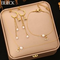 EILIECK 316L Stainless Steel Cherry Pearl Necklace Bracelet Earrings Set For Women New Sparkling Rhinestone Waterproof Jewelry G