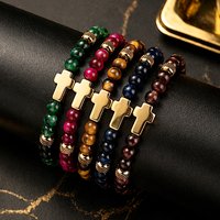 316 Stainless Steel Polished Cross Bracelet with Beads Tiger's Eye stone Handmade Braided Prayer Fitness Chain Couple Jewelry