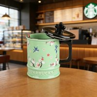 Starbucks Plum Magpie Mug Oriental Green Porcelain 473ml Embossed Cup With Sealed Black Lid For Tea Coffee Use
