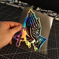 1PC Praying Hands Rosary Cross Sticker, Holographic Waterproof Vinyl Decal for Car Decoration
