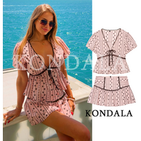 KONDALA Women Cute Chic Pink Embroidered Culottes Set V-Neck Bow Short Sleeve Top, Shorts Skirts 2026 Summer Trendy Vacation Set