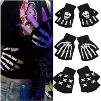 AliExpress 1/2/3Pairs Unisex Adult Halloween Skeleton Skull Half Finger Gloves Glow in the Dark Fingerless Stretch Knitted Winter Mittens
