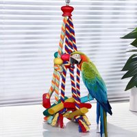 Cotton Rope Bird Climbing Chewing Toys With Colorful Beads And Wooden Blocks Hanging Cage Climbing Nibbling Toy For Parrots