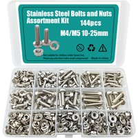 144-Piece 304 Stainless Steel Hex Flange Bolt and Nut Set, M4/M5, Length: 10mm, 12mm, 16mm, 20mm, 25mm