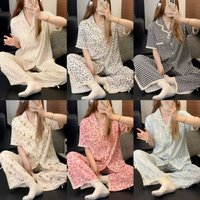 Spring/Summer Cardigan Lace Sweet Home Wear Set with Chest Pads, Short Sleeve and Long Pants, Women's Pajamas