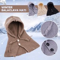 Winter Fashion Knitted Hooded Hat Women Grey Neck Cover Korean Style Balaclava Beanies Adjustable Drawstring Knit Pullover Hat