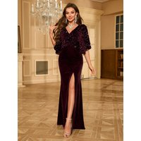 UNITHORSE Sequin Patchwork Batwing Sleeve V-Neck High Slit Cocktail Dress Party Dress Wedding Guest Dress Formal Dress