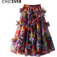 CHICEVER Colorful Printing Spliced Appliques Skirt for Women High Waist Patchwork Elastic Folds Elegant Mid Skirts Female Spring