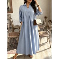 Women's Striped Shirt Dress 2025 Summer Casual Loose Long Maxi Dress 3/4 Sleeve V-Neck Lapel Tunic Dress with Pockets Elegant Li