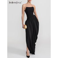 TWOTWINSTYLE Elegant Black Strapless Asymmetrical Draped Midi Dresses for Women Ruched Waist Side Slit for Office Galas Events