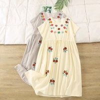 2026 Bohemian cotton flower embroidered beige gray maxi dress for women summer Japanese style loose long dress