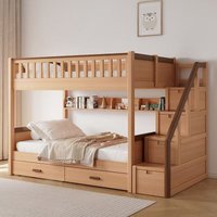 !@Nature Oak Wooden Bunk Bed With Slide and Drawers Cabinet Stair Wooden Bunk Children Beds for Kids Room Bedroom Furniture