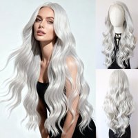 Long Wavy Silver white Synthetic Lace Front Wig Heat Resistant Fiber Body Wavy Lace Front Wig Pre Plucked Natural Hairline Wig