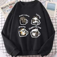 American Style Coffee Cat Cute Print Cartoons Hoodie Women Sweatshirt Loose Warm Clothes Personality Autumn Hoody Clothing
