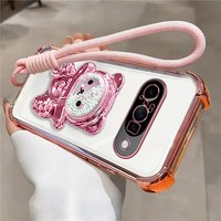 Rope Lanyard Strap Cartoon Bear Stand Case For Google Pixel 9 9A 9 10 Pro XL 10A 7 7A 8 8A Shockproof Soft Silicone Back Cover