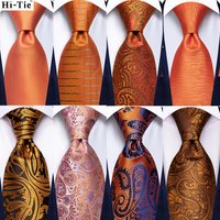 Hi-Tie Orange Solid Paisley Men's Tie Set Silk Wedding Tie For Men New Fashion Designer Quality Hanky Cufflinks Set Dropshipping