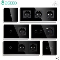 BSEED EU Standard 1/2/3Gang 2Way Wall Touch Switch Light Sensor Switches Wall Socket USB Type-C Crystal Glass Panel 240V Black
