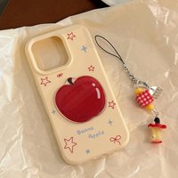 Korean 3D Cartoon Red Apple With Fork Apple Core Pendant Soft Phone Case for iPhone 16 15 14 13 12 Pro Max Shockproof Cover