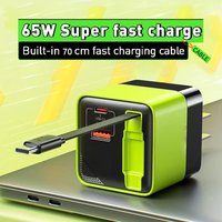 3IN1 65W GaN PD USB-C Charging Head Fast Charger With Built-in 70cm TypeC Cable Suitable for iPhone Samsung/Tablets/Laptops