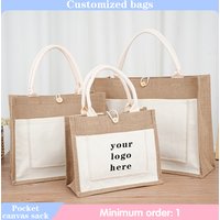 Custom logo pocket canvas burlap handbags for women button environmentally friendly reusable versatile shopping travel tote bag