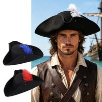 2026 Wide Brim Pirate Hat Captain Hat Women Man Unisex With Feather Tricorn Hat Cosplay Unique Historical Halloween Party Caps