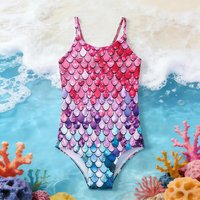 Cute Girls One-Piece Swimsuit Mermaid Scale Gradient PinkPurpleBlue Fashion Beach Pool Summer Bathing Suit Kids Stylish Swimwear