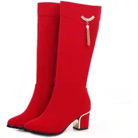 Autumn Winter Knee High Boots Women Black Red Flock Women's High Boots Luxury Casual Low Heels Fashion Long Party Shoes Female