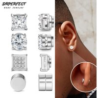 Drperfect 4Pairs Magnetic Stud Earrings for Men Women Stainless Steel CZ Earrings Studs Square Round Non-Piercing Clip on Stud