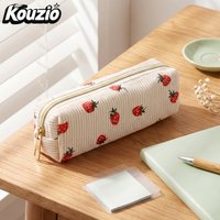 Cute Strawberry Print Corduroy Pencil Case Zipper Stationery Bag for Worker & Students - KOUZIO