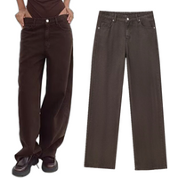 Maxdutti Fashion Ladies Commuting Mom Jeans Minimalist Retro Brown Washed Denim Pants Medium Waist Straight Jeans Women