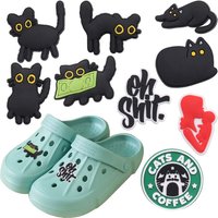 1-9PCS PVC Kawaii Animal Shoe Charms Fit Wristbands Black Cat Sandal Shoe Decoration Buckle Hole Slipper Accessories Xmas Gift