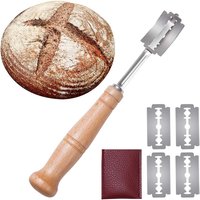 LMETJMA Premium Stainless Steel Bread Lame with 5 Replacement Blades Curved Baguette Bread Cutter with Wooden Handle JT172