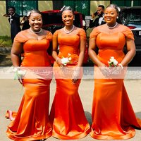 Satin Mermaid Orange Bridesmaid Dresses Tulle Cap Sleeves Customized Plus Size Wedding Guest Party Dress Maids of Honor Gowns
