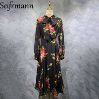 Seifrmann 2026 Spring Women's New Fashion Lace Collar Long Sleeve Silk Printed Shirt+Half Skirt Two Piece Set