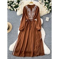 Spring Autumn Retro Embroidery V-neck Long Sleeved Lace Up Dress for Women's New Cotton Fashion Loose Casual Split Dress D93